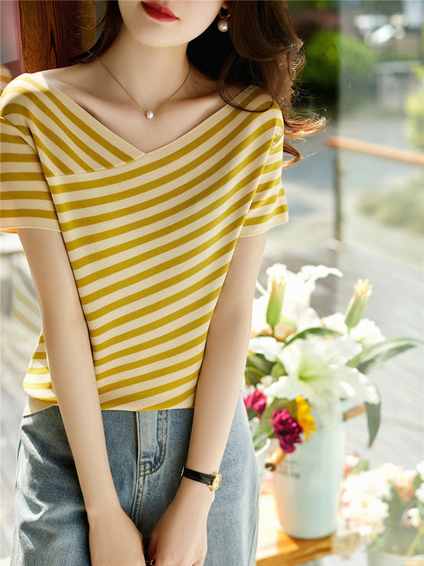 Μοντέλα Ρίχτρα Πλεκτό T-Shirt V Neck Casual T-Shirt για γυναικεία περίσταση